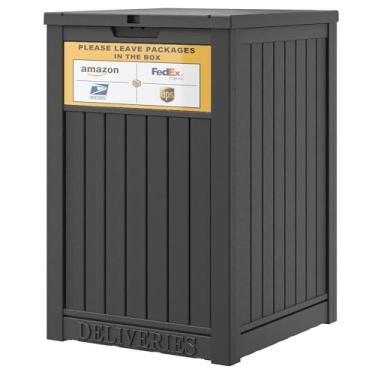 Imagem de Caixa de entrega de pacote para varanda com placa de entrega, caixa de armazenamento de 144 litros com trava segura, grande parede dupla de resina para uso externo e caixa de deck à prova d'água