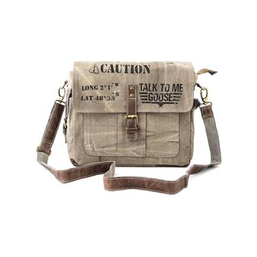 Imagem de 3B-Bolsa de ombro de lona de couro militar reciclada Talk To me Goose com estampa vintage, bolsa carteiro para laptop, 2 alças, Cinza desbotado