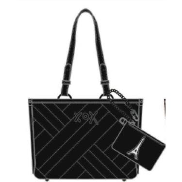 Imagem de Betsey Johnnson XOXO Analis Compartimento Triplo Preto Geométrico Acolchoado Couro Sintético Com Torre Eiffel Camafeu Destacável Bolsa de Ombro Grande Tote, Preto