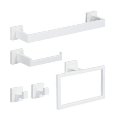 Imagem de Kit de ferragens para banheiro de aço inoxidável branco 40cm barra de toalha suporte para papel higiênico ganchos para roupas suporte para rolo de toalha, conjunto completo