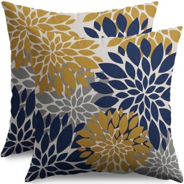 Imagem de Smozenith Conjunto de 2 capas de almofada cinza e amarelo marinho 55 x 55 cm, estampa floral moderna de dália, capa de almofada decorativa para decoração de casa de fazenda, sofá, cama