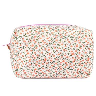 Imagem de SOIDRAM Bolsa de maquiagem acolchoada bolsa de cosméticos floral bolsa de maquiagem coquete bufante, Rosa floral, Large