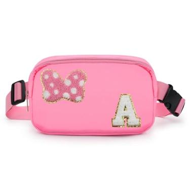 Imagem de Pochete com laço com letra inicial de chenille, bolsa tiracolo impermeável para parque, presentes de aniversário de Natal para adolescentes, meninas, mulheres, crianças, adultos, linda bolsa de cinto