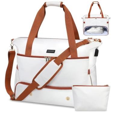 Imagem de Bolsa feminina de fim de semana, bolsa de viagem grande com compartimento para sapatos e bolso molhado, bolsa de mão, bolsa de ginástica, Marrom bege, Bolsa de viagem