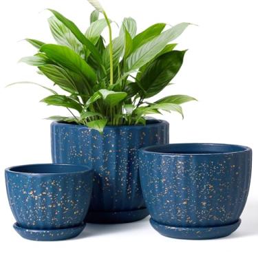 Imagem de STHIE Vasos de cerâmica de 10 cm com orifícios de drenagem e pires, vasos de flores redondos para plantas de interior, conjunto de 3 plantadores de flores modernos (azul com tamanho grande de pontos)