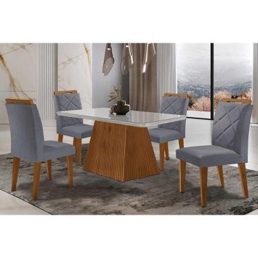 Imagem de Sala De Jantar Luna Tampo Madeirado Com Vidro Curvo 120x80 E 4 Cadeiras Melissa Imbuia Veludo Grafite Rufato