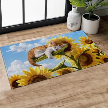 Imagem de MIEPOS Tapete de porta interior de gato adormecido de girassol, capacho de gatinho fofo, tapete de borracha antiderrapante de 75 x 43 cm, tapete de entrada, para sala de estar, escritório, trailer,