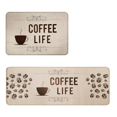 Imagem de Jogo Tapete Cozinha Antiderrapante Ln Es 45x65 45x110 Vr (E2 Coffee Bege Claro Escuro Marrom Café)