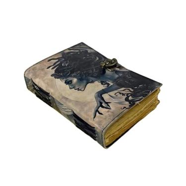 Imagem de ANSAR HANDICRAFTS Livro de feitiços em branco com grimório de diário de couro feito à mão com 200 presentes de papel feitos à mão com borda de deck 18 x 12,7 cm.