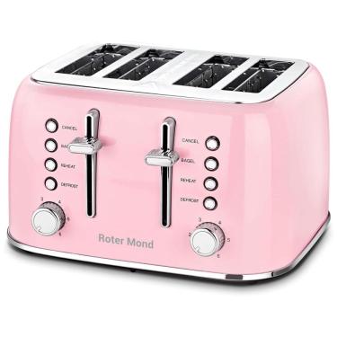 Imagem de Torradeira Elétrica Retrô 4 Fatias em Aço Inoxidável com Painel de Controle Duplo Independente, Bandeja de Migalhas Removível e 6 Níveis de