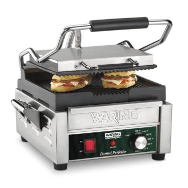 Imagem de Grill Elétrico em Aço Inoxidável com Bandeja Coletora Removível e Luz Indicadora, 110V 1800W, Waring WPG150, Prata