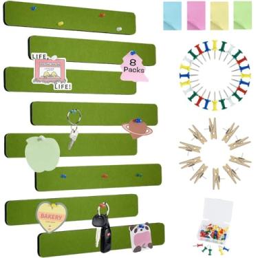 Imagem de Vuzvuv 8 tiras de barra de quadro de avisos com 50 pinos e 10 pinos de clipe de madeira, placa de cortiça autoadesiva para parede, placa de feltro para escola, decoração de escritório (verde oliva)