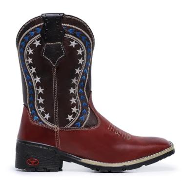 Imagem de Bota Texana Country Masculina, Couro Marrom e Preto, Bordado Estrelas, Cano Longo (Marrom, BR, Adulto, Numérico, 40)