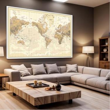 Imagem de Quadro Decorativo com Moldura Sala 40x60 Mapa Mundi Luxo Grande Horizontal