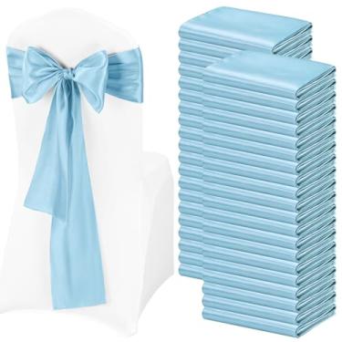Imagem de Pesonlook 120 peças de faixas de cadeira de cetim azul bebê laços faixa de cadeira de cetim capa universal para recepção de casamento, restaurante, evento, decoração de banquete, festa, hotel (17,8 x