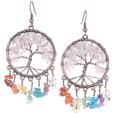 Imagem de Nupuyai Brincos com pingente de 7 chacras para mulheres, brinco de pedras caídas com borla de cristal, Cobre Pedra de cristal de quartzo rosa Cobre, Pedra de cristal de quartzo rosa