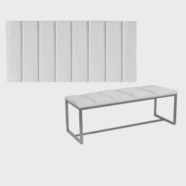 Imagem de Kit Painel Carla e Calçadeira Industrial 195cm King Size Box Ferro Prata Suede Branco - Ahz Móveis