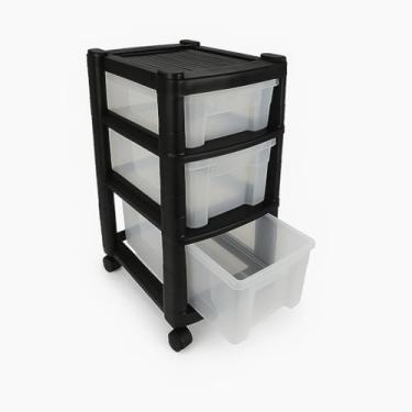 Imagem de Gaveteiro Plástico 3 Gavetas com Rodinhas – Organizador Multiuso para Quarto, Escritório, Brinquedos, Roupas ou Documentos – Cores Preto, Branco e Colorido (PRETO)