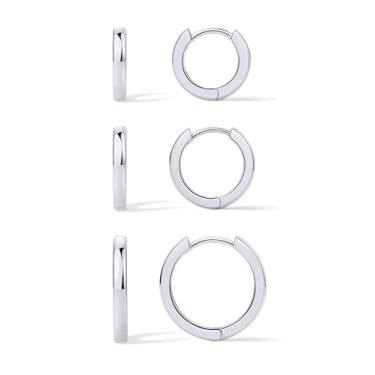 Imagem de PAVOI Conjunto de 3 pares de brincos de argola de prata esterlina 925 banhados a ouro 18K para mulheres | Pacote de brincos Huggie, Ouro branco, Sem pedra preciosa
