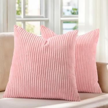 Imagem de Pacote com 2 capas de almofada decorativas de veludo cotelê rosa Sakura 60 x 60 cm capa de almofada listrada aconchegante boho decoração de casa de fazenda capa de almofada macia para sofá cama 60 x