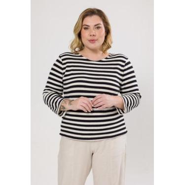 Imagem de Camiseta Com Manga ¾ Listrada Texturizada Off White Com Marinho Em Alg