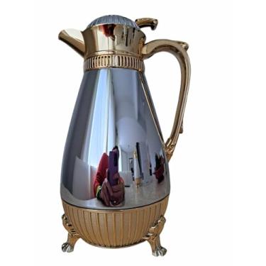Imagem de Garrafa Térmica de Pressão Estilo Árabe em Metal 1 L, Prateado com detalhes em Dourado, Marca La Francesa. Metal