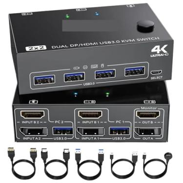 Imagem de YXX7XY HDMI USB 3.0 Dual Monitors Displayport KVM Switch, Suporta 2 Computadores, Compartilhar Teclado Mouse e Monitor