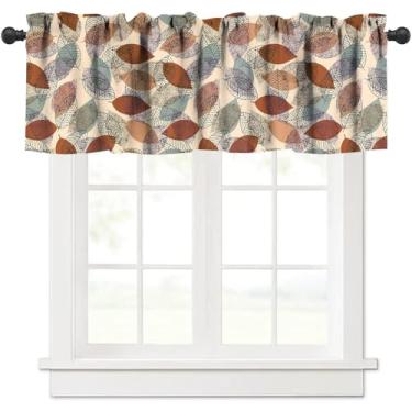 Imagem de JESTRONRY Cortina de saia de janela com folhas de outono, marrom, bege, retrô, silhueta, tratamento de janela, sanefas para quarto, cozinha, sala de jantar, decoração com bolso para varão 137 x 45 cm