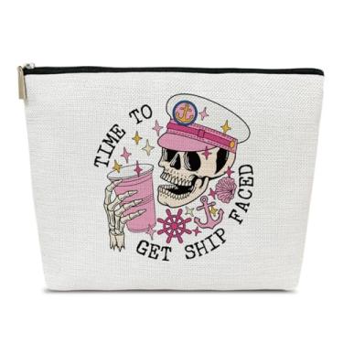 Imagem de Ythuil Bolsa de maquiagem Time to Get Ship Faced, presentes de cruzeiro para mulheres amantes de viagens, lembrancinhas de presentes de viagem para meninas, bolsa de cosméticos esqueleto para bolsa