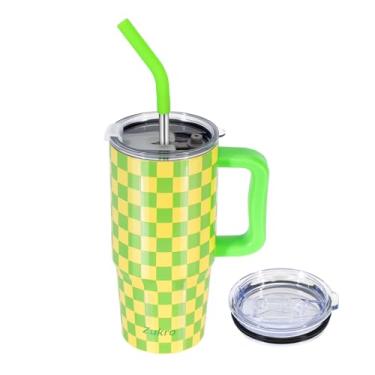 Imagem de Zukro Copo de 680 g com alça e canudo - Caneca de viagem de café à prova de vazamento de parede dupla isolada a vácuo com 2 tampas, mantenha as bebidas frias 20 horas - copo de aço inoxidável para