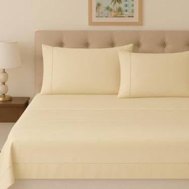 Imagem de Jogo de Cama Queen 4 Peças 100% Algodão Egípcio 300 Fios com Ponto Palito – Lençol com Elástico + Lençol Superior + 2 Fronhas (Palha)