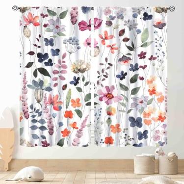 Imagem de Cortinas florais, aquarela, flores silvestres, primavera, rosa, plantas, botânicas, estéticas, rústicas, coloridas para janela, para sala de estar, quarto, cozinha, banheiro, 2 painéis, 132 x 213 cm