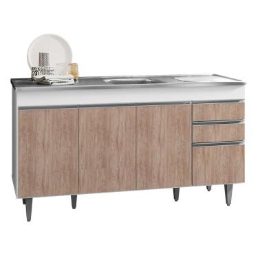 Imagem de Balcão Com Pia Inox 150cm 4 Portas 2 Gavetas Branco/castanho