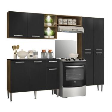 Imagem de Cozinha Compacta C/ 2 Leds 3 Pçs Pequim Multimóveis V3412 Nogueira/Preta Nogueira/Preto