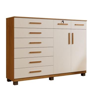 Imagem de Cômoda New Triunfo 8 Gavetas 2 Portas MDP Puxador MDF Off White Cinamomo com Corrediças...