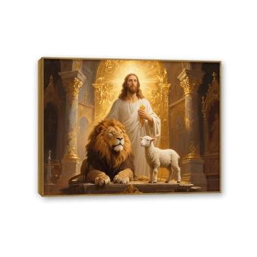 Imagem de Impressão de pôster de arte de parede Jesus e leão decoração de parede cristã leão cordeiro imagem arte para sala de estar escritório 30 x 20 cm (12 x 8 pol) moldura teca