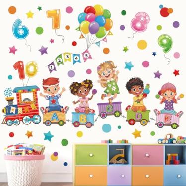 Imagem de wondever Adesivos de parede Reading Corner Kids Train Balão Número Alfabeto Peel and Stick Decalques de arte de parede para quarto de crianças pequenas sala de aula sala de jogos