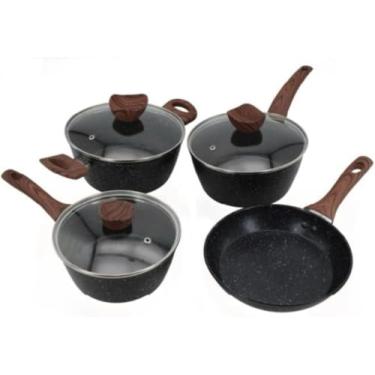 Imagem de Conjunto de Panelas Antiaderente, 4 Peças, Alumínio com Tampa de Vidro, Preto e Vermelho, Base Tripla para Indução