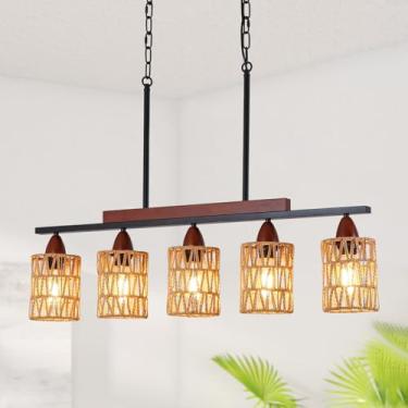 Imagem de Axamate Lustre De Vime Estilo Fazenda 35 Polegadas, Iluminação Pendente Boho, Para Ilha Cozinha Com 5 Luzes, Luminária Retangular Linear Sala Jantar E Estar