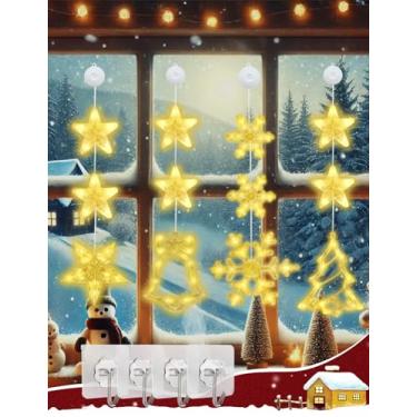 Imagem de CUSZOY Luzes De Natal Para Janela Cuszoy, Com Ventosa 4 Ganchos Parede - Árvore, Estrela, Sino, Floco Neve, 80 Decorações Led Branco Quente Operadas Por Bateria