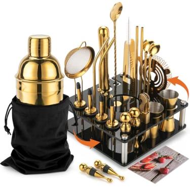 Imagem de KINGROW Conjunto De Coqueteleira Mixology - Kit Completo Para Barman Com 29 Peças E Utensílios Bar Suporte Giratório Acrílico, Profissional Misturar Bebidas, Casa, Bar, Festa (Dourado)