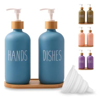 Imagem de Loochica Conjunto De 2 Dispensadores Sabonete Em Vidro Azul Com Bandeja, Mão E Louça Para Pia Cozinha, Decoração Adequada