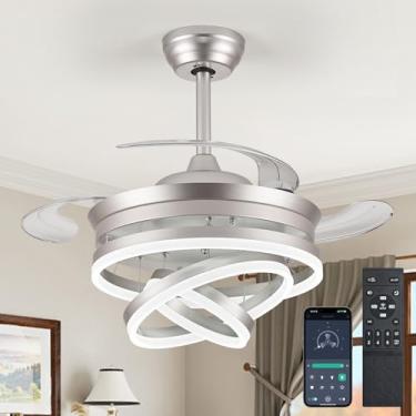 Imagem de Oiotwo Ventiladores De Teto Retráteis 42" Com Luzes, Ventilador Controle Remoto/Aplicativo, Fandelier Moderno 6 Velocidades, Led Regulável, Lustre 3 Lâminas Para Quarto, Sala Estar E Jantar, Prata