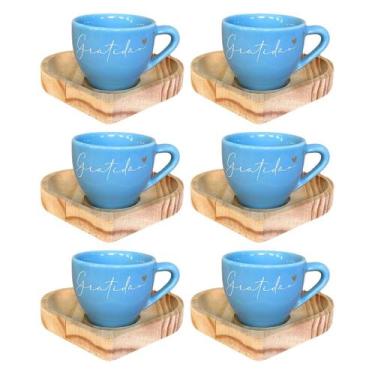 Imagem de 6 Xícaras Paris Café 75ml Azul Gratidão Moderna Com Pires De Coração -