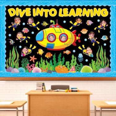 Imagem de FYSUIMU 89 peças de decoração de quadro de avisos de verão sob o mar, mergulhe no aprendizado de recortes faça você mesmo, corte de papel submarino peixes oceânicos com 150 pontos de cola para foto de