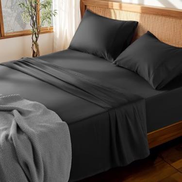 Imagem de LBRO2M Jogo de lençol 100% algodão com bolso profundo 48,3 cm, 1000 fios tamanho casal 4 peças, roupa de cama macia e confortável para todas as estações (casal, preto)