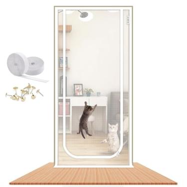 Imagem de Porta de tela de gato 35,5 x 82,5 pol. Malha reforçada resistente a gatos Creen porta com zíper porta de tela à prova de animais de estimação evita cortinas de porta de escape de animais de estimação