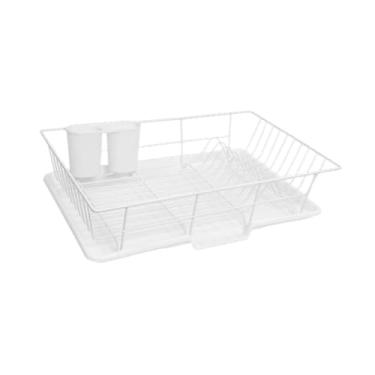 Imagem de WeiLaiKeQi Escorredor de pratos e porta-talheres removível, suporte para utensílios à prova de ferrugem com bandeja coletora removível para pratos, tigelas e, Branco