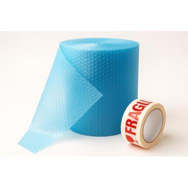 Imagem de Plástico Bolha Profissional 60cm x 100m Azul 35 Micras + Cuidado Frágil 50 Metros