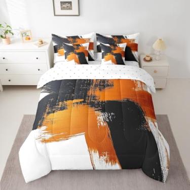 Imagem de Feelyou Conjunto de edredom de arte abstrata com lençol moderno, laranja e preto, abstrato, tamanho king, 7 peças, para crianças, meninos, meninas, cama geométrica em uma bolsa macia